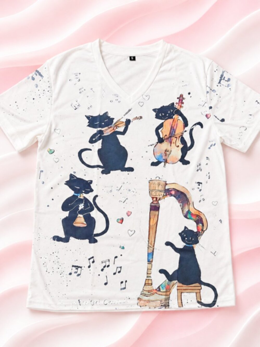 Cute Cat Shirt Musician Cats Whimsical and Fun V Neck Shirt Small